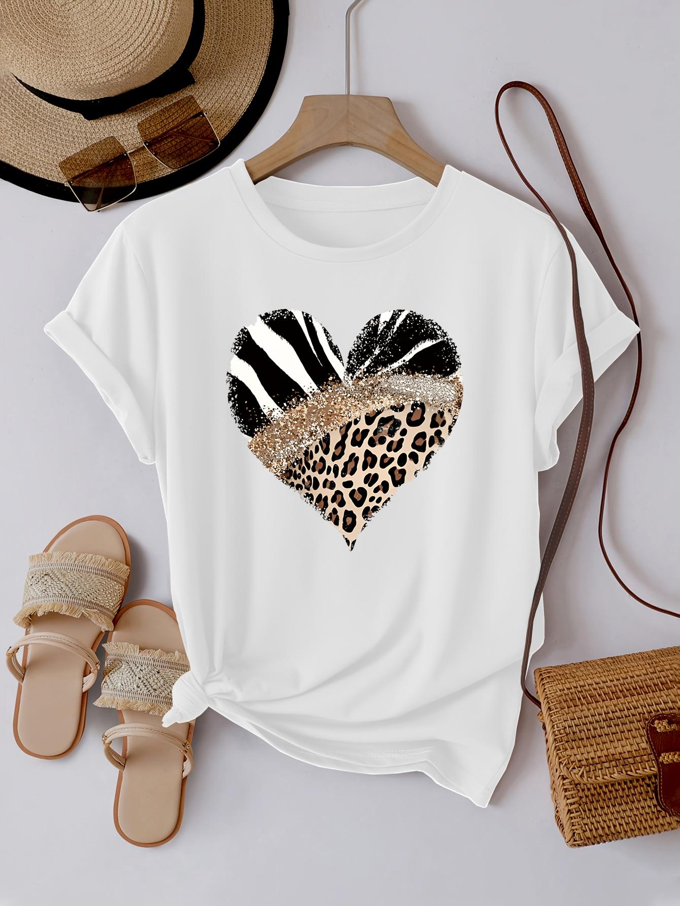 Women s Casual Short Sleeve Leopard Print Zebra Stripe Heart Design Glitter Accent Casual Top Harajuku Short Sleeve Clothing S