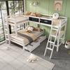Children's Loft Bed, Three Children Can Sleep, Has Storage Drawers, Made of Pine Wood, Bunk Bed, Bed with Desk and Shelf, 140*200cm,90*200cm,White