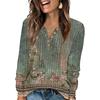 Women's Fashion V-Neck Button-Up T-Shirt With Floral Print Long-Sleeved Top