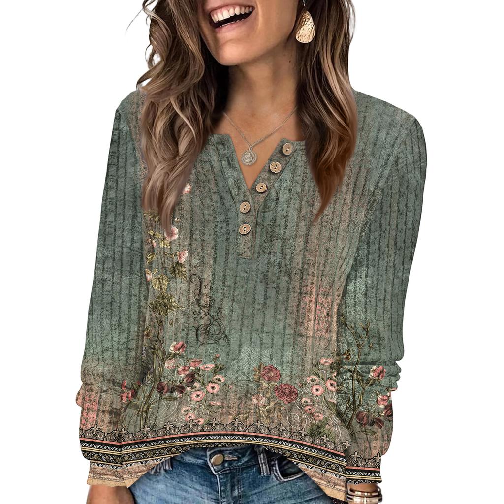 Women's Fashion V-Neck Button-Up T-Shirt With Floral Print Long-Sleeved Top