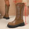 Fashion Brown Embroidery Platform Mid Calf Boots for Women Vintage Slip On Thick Sole Western Boots Woman Autumn Winter Pu Leather Botas