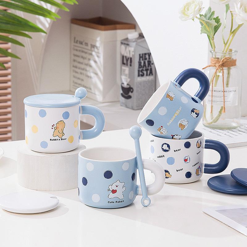 Creative Cartoon Ceramic Cup Cute Animal Mug with Lid Spoon Couple Water Cup Valentine's Day Cup Coffee Cup