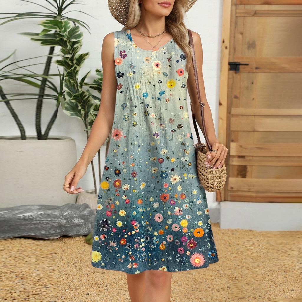 Women's Casual Fashion Breathable Flower Printed Vest Dress With Pockets