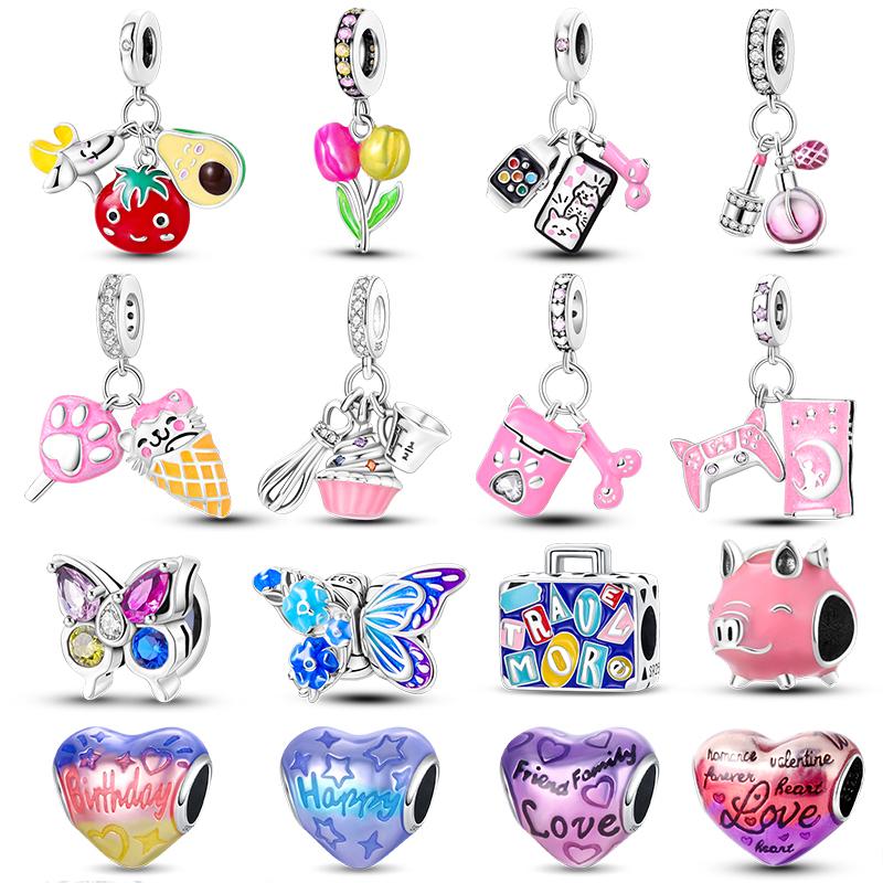 

100% 925 Посеребренная Красочная Бабочка Дорожная Сумка Подвески Сердце Бусины Подходит Diy 925 Оригинальный Браслет DIY Ювелирные Изделия Подарок