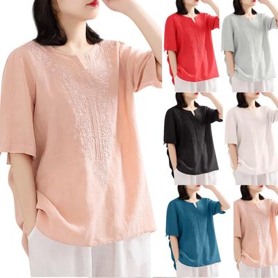 Women's Embroidered Literary Shirt Loose V-Neck Large Size Cotton Linen T Shirt