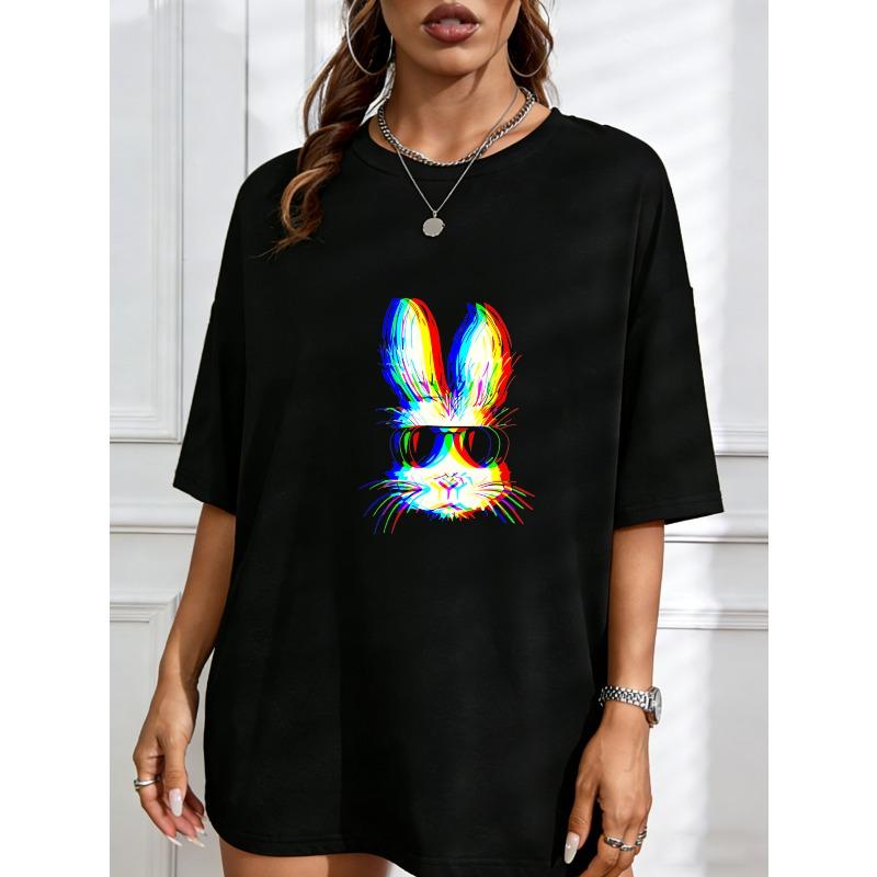 White T Shirt With Rainbow Bunny Print For Casual Wear S