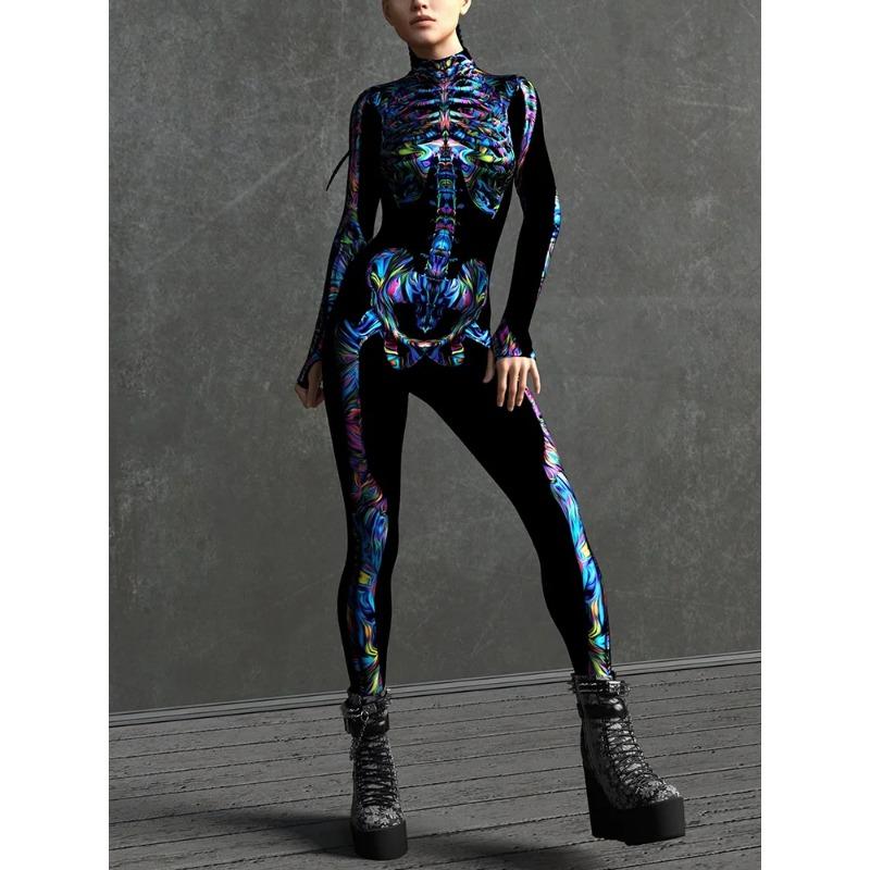 Salopetă Femei Sexy cu Imprimeu Craniu pentru Petrecere de Halloween Horror, Body pentru Petrecere de Sărbători, Costum Unic pentru Rave