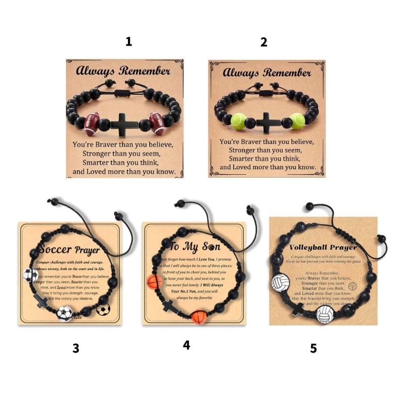 Sports Themed Wooden Crucifix Bracelet For Men Natural Wood Beads Black Woven Cord Inspirational Jewelry Gift