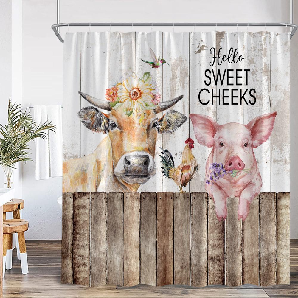 Farm Animal Print Shower Curtainh Funny Highland Cow Donkey Pig Horse Floral Vintage Wooden Plank Fence Retro Bathroom Curtain