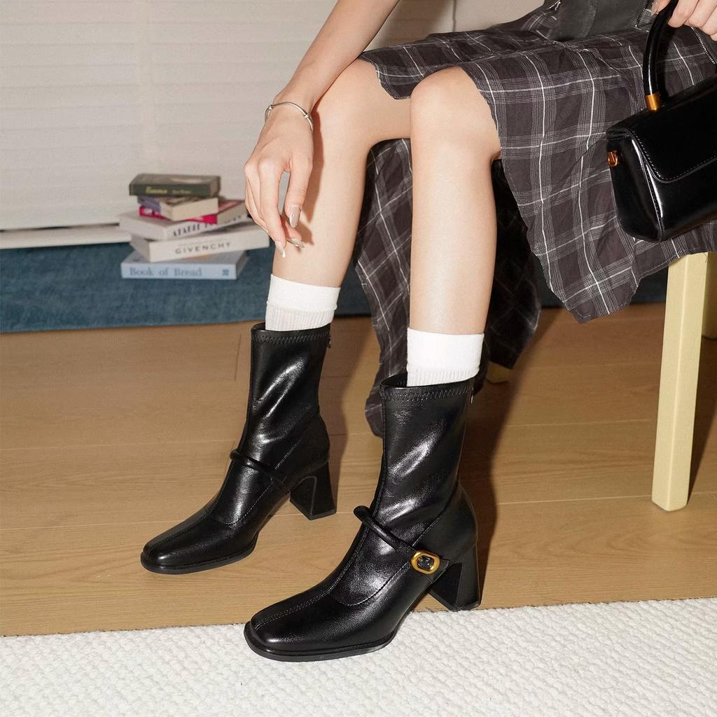 Sheepskin Version~ Retro Square Head Belt Buckle Thick Heel Medium Tube Thin Boots Temperament Versatile Tall Tube Thin Women's Fashion Boots