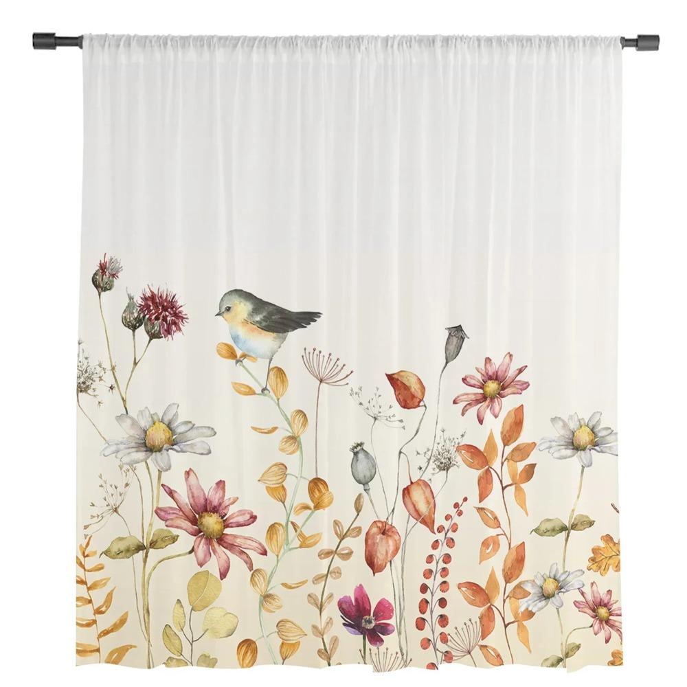 Herbstpflanze, Wildblumen, Gänseblümchen, Vogel, transparente Vorhänge, Fensterdekoration, Voile-Tüllvorhänge für Wohnzimmer, Schlafzimmer, Küche