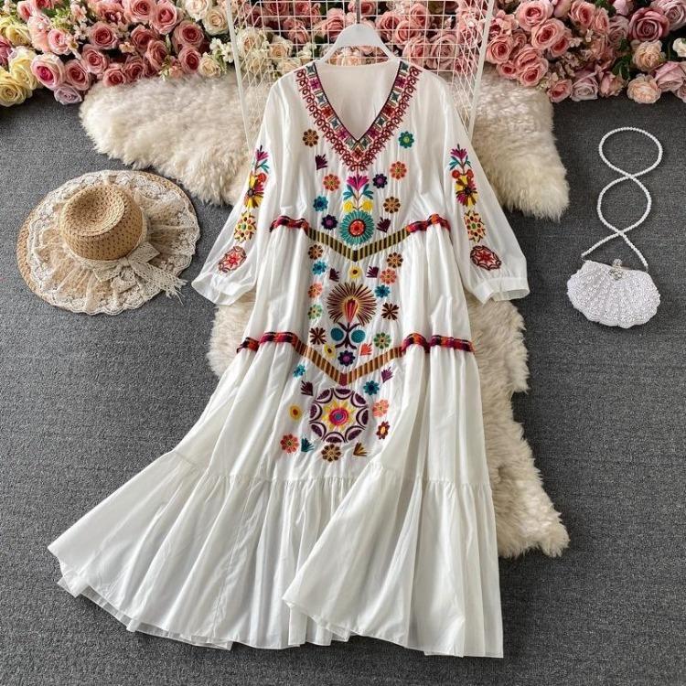 

Vintage Printed Loose Dress for Woman V Neck Oversized Long Sleeve Casual Lace Dresses Long One Size белый