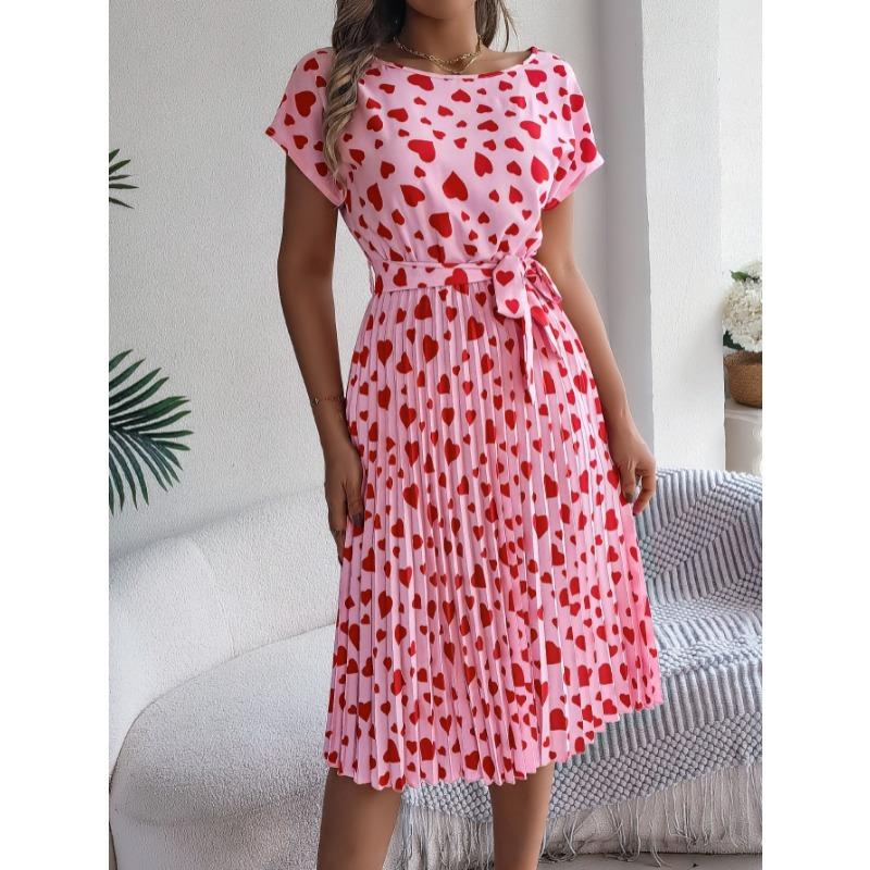 Spring Summer O Neck Printed Casual Short Sleeved Pleated Women Dress Loose Fashion Elegant A-line Party Lace-up Dresses Simple Women's Clothing