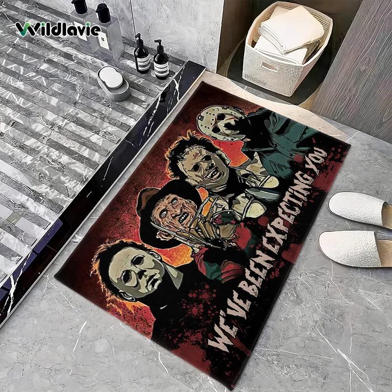 Horror Movie Characters Doormat "We've Been Expecting You" Non-Slip Washable Entrance Rug for Halloween Home Decor