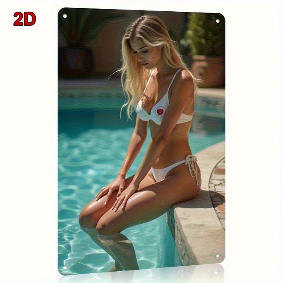 Vintage Metal Wall Decor White Bikini Lady Pool Scene - Lightweight Aluminum Hanging Plaque for Home Bar Cafe Bathroom - Easy In