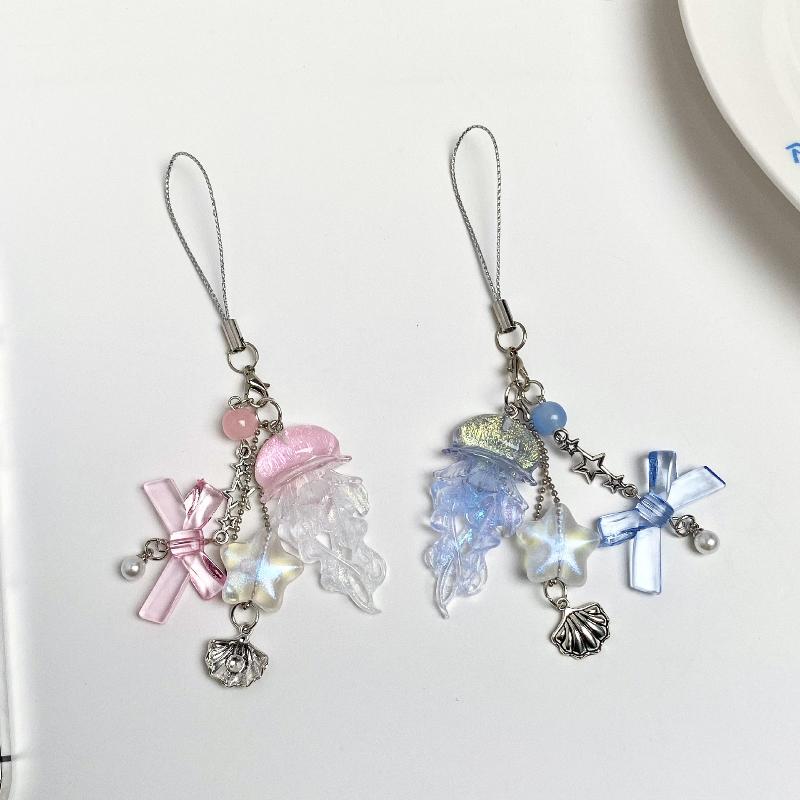 Jellyfish Phone Charm Starfish Mermaid Fishtail Bow Bead Fairycore Keychain Wallet Schoolbag Car Key Decor