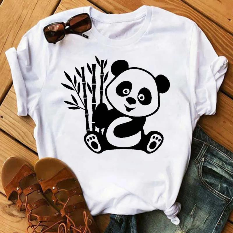 Cute Panda With Sunglasses Graphic Women T-Shirt Minimalist Black Line Animal Print Short Sleeve Casual Streetwear Tee