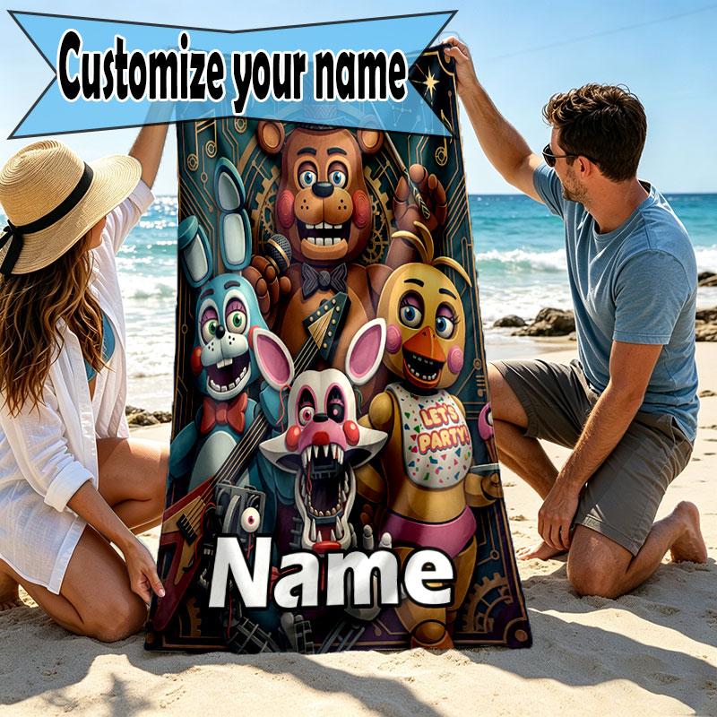 Personalisierter Strandtuch mit individuellem Namen für Five Nights at Freddy's, für Reise Camping Strandparty Heimdekoration, Geburtstagsgeschenk für Familie & Freunde