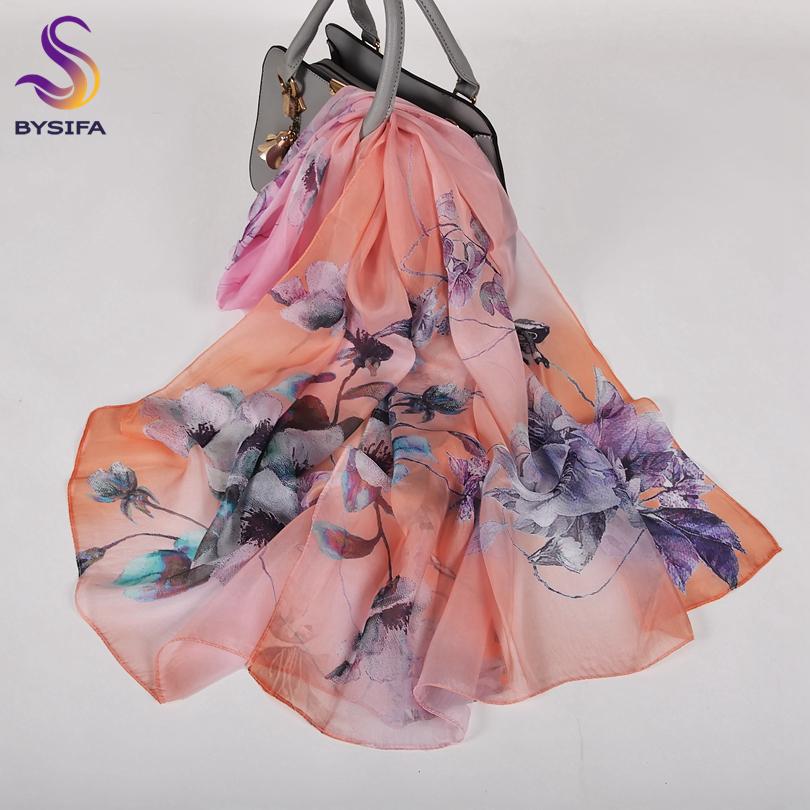 

[BYSIFA] Female Spring White Chiffon Silk Scarves New Floral Design Long 100% Silk Scarf Shawl Autumn Winter Women Neck Scarf
