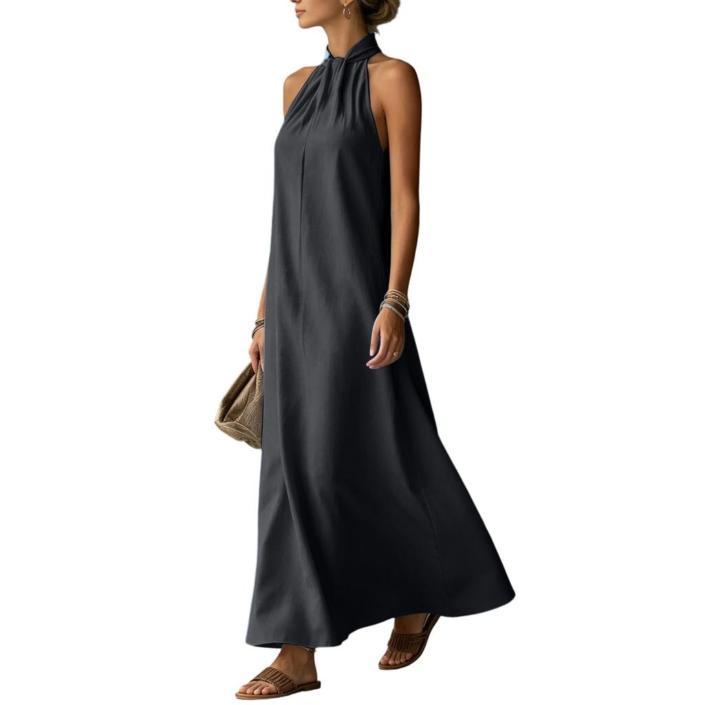 Women Summer Beach Casual Off Shoulder Sleeveless Cross Style Maxi Dress Lightweight Loose Fit Long Dress for Outdoor