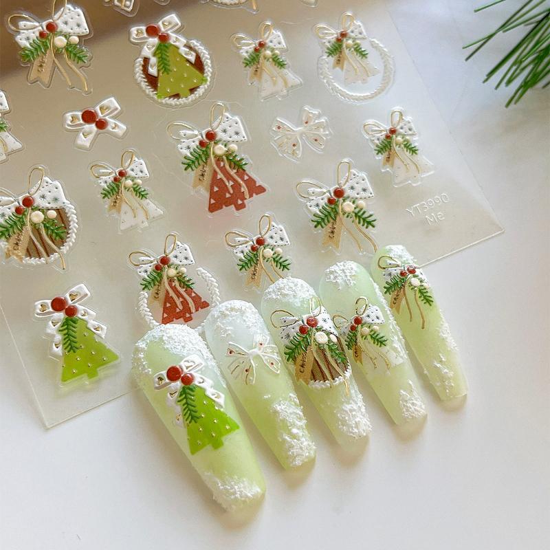 3D Embossed Christmas Wreath And Bell Nail Art Stickers Festive DIY Manicure Decorations Adhesive Nail Accessories