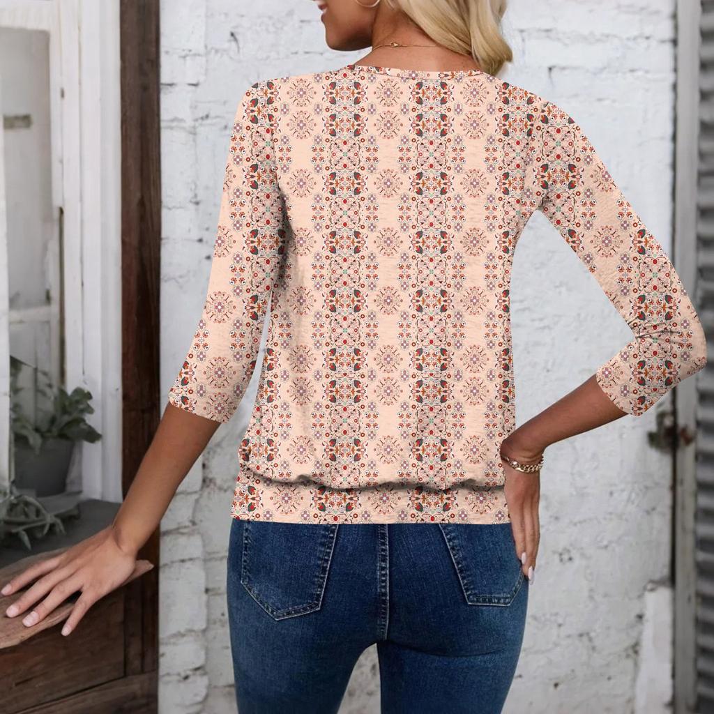 Women's Fashion Casual V-Neck Three-Quarter Sleeve Print Top