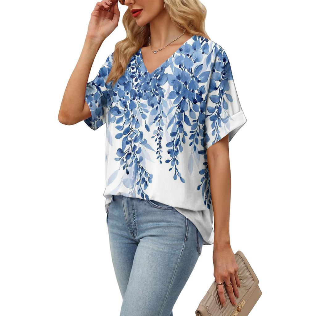 Women's Fashionable Casual Everyday Versatile Floral Print Slim-Fit Summer Short-Sleeve Top