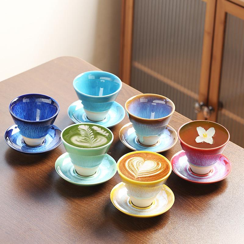 Japanese Retro Ceramic Coffee Mugs Household Kitchen Kiln Change Flow Glaze Funnel Cup with Base Restaurant Dessert Utensils