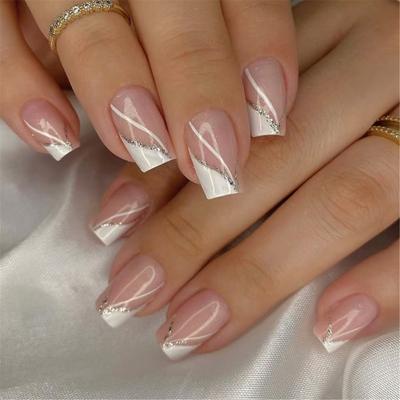 Pack Of 24 Short Square Press On Nail French Tip Glossy Acrylic Stick On Nail Manicure Nail Art Easy Application