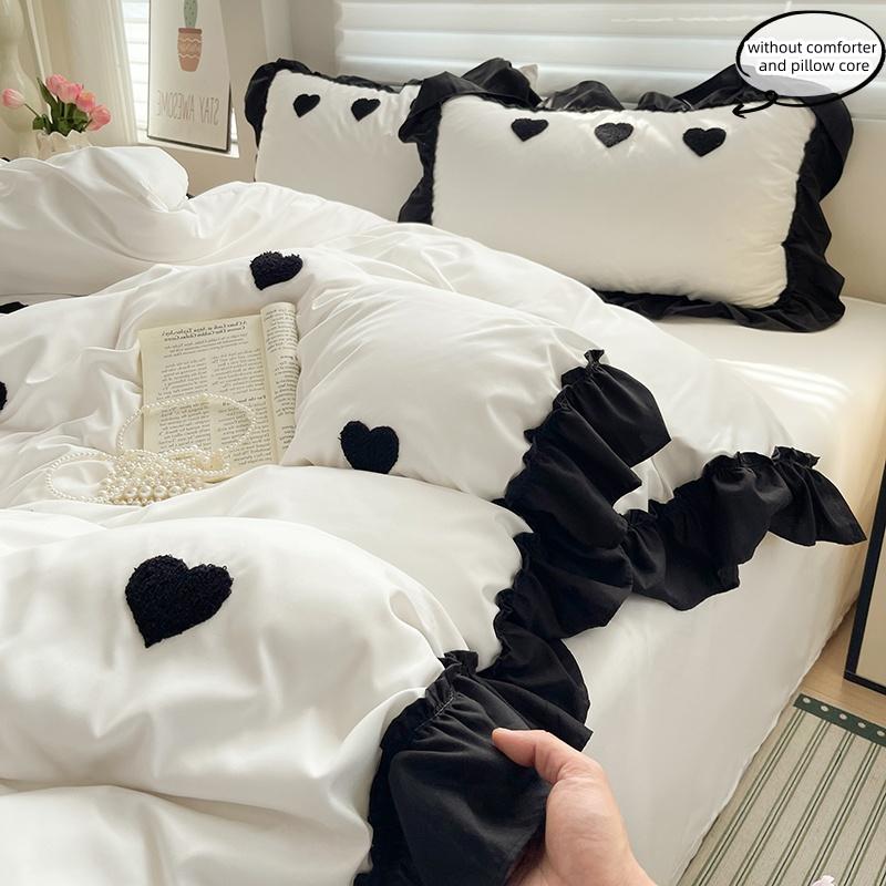 3 Piece Sheet Set Black heart embroidery duvet cover Set   comfortable Bedding Set Bedspread for All Season