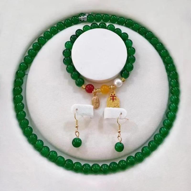 3Pcs Vintage Simple Imitation Jade Necklace Bracelet Earrings Jewelry Set For Women Temperamen Banquet Accessory