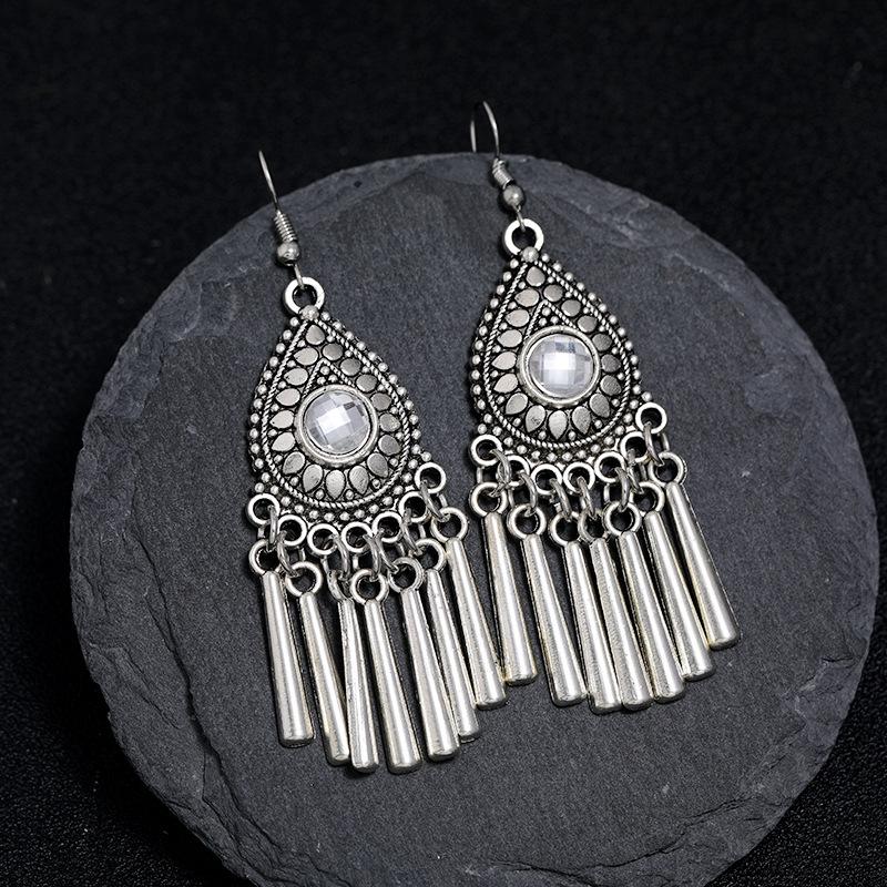 Retro Tibetan silver fringed earrings women's long temperament versatile earrings fashion personality vacation earrings