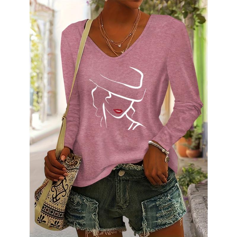 Fashionable Women's Autumn/Winter Top, Portrait Pattern Print, Daily Versatile Simple Comfortable Casual Colored V-Neck Long Sleeve T-Shirt