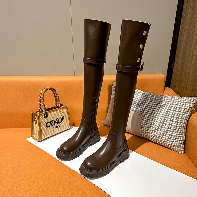 

Thousand Gold Tea Party~ Leather Over Knee Boots Tall Women s 2025 Winter New Flat Bottom Boots Fleece Leather Boots 35