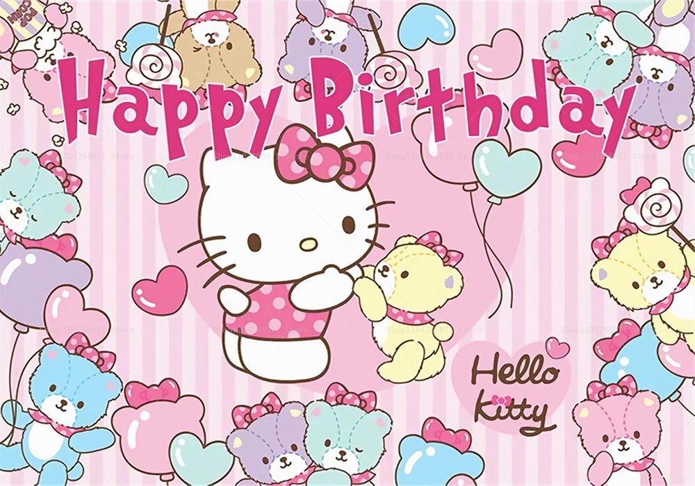 Hello Kitty Happy Birthday Backdrop Cute Pink Cartoon Theme Kids Girls Baby Shower Party Photo Background Banner Decor Supplies