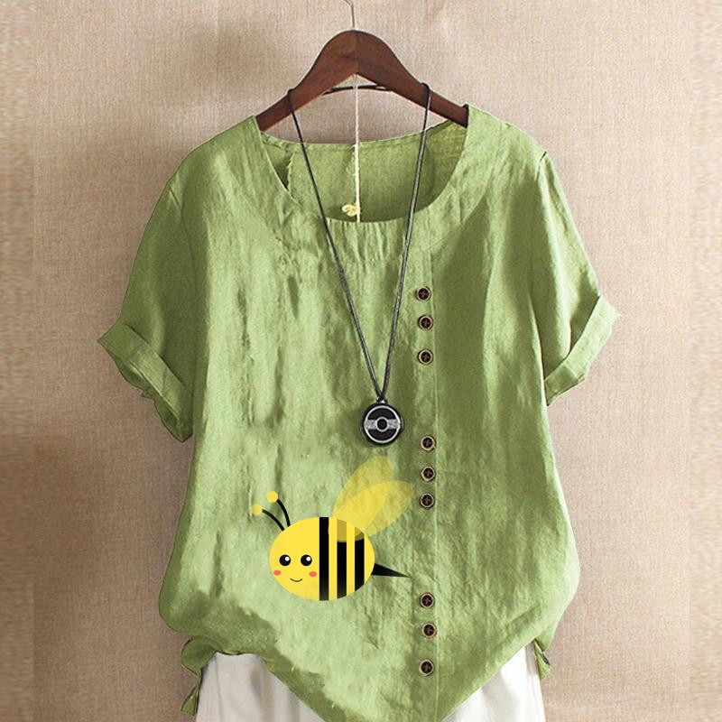 

Женская модная футболка с круглым вырезом и коротким рукавом, повседневная рубашка из хлопка и льна с принтом, свободная летняя блузка с принтом медоносной пчелы, топы 5XL зелёный