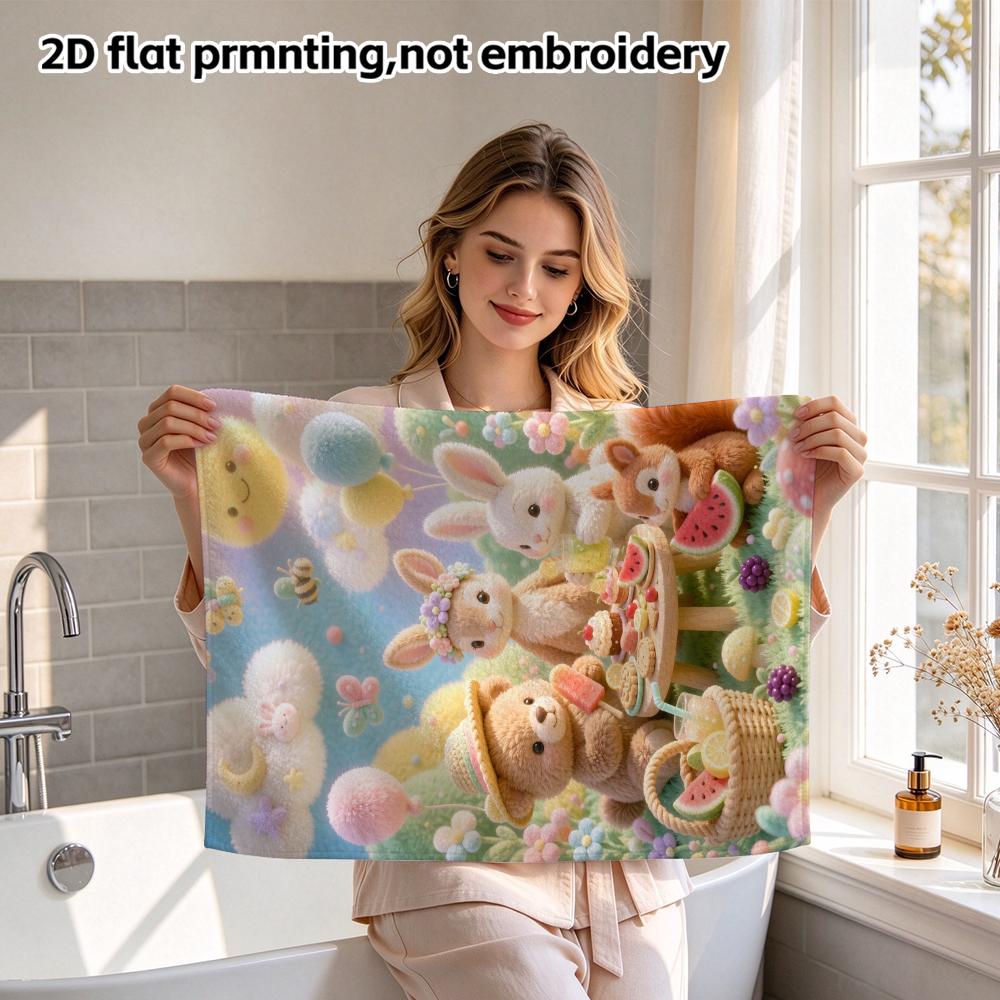 Forest Animals Picnic Absorbent Bath Towel, Cute Felt Bunny And Bear Print, Soft Quick Dry Towel