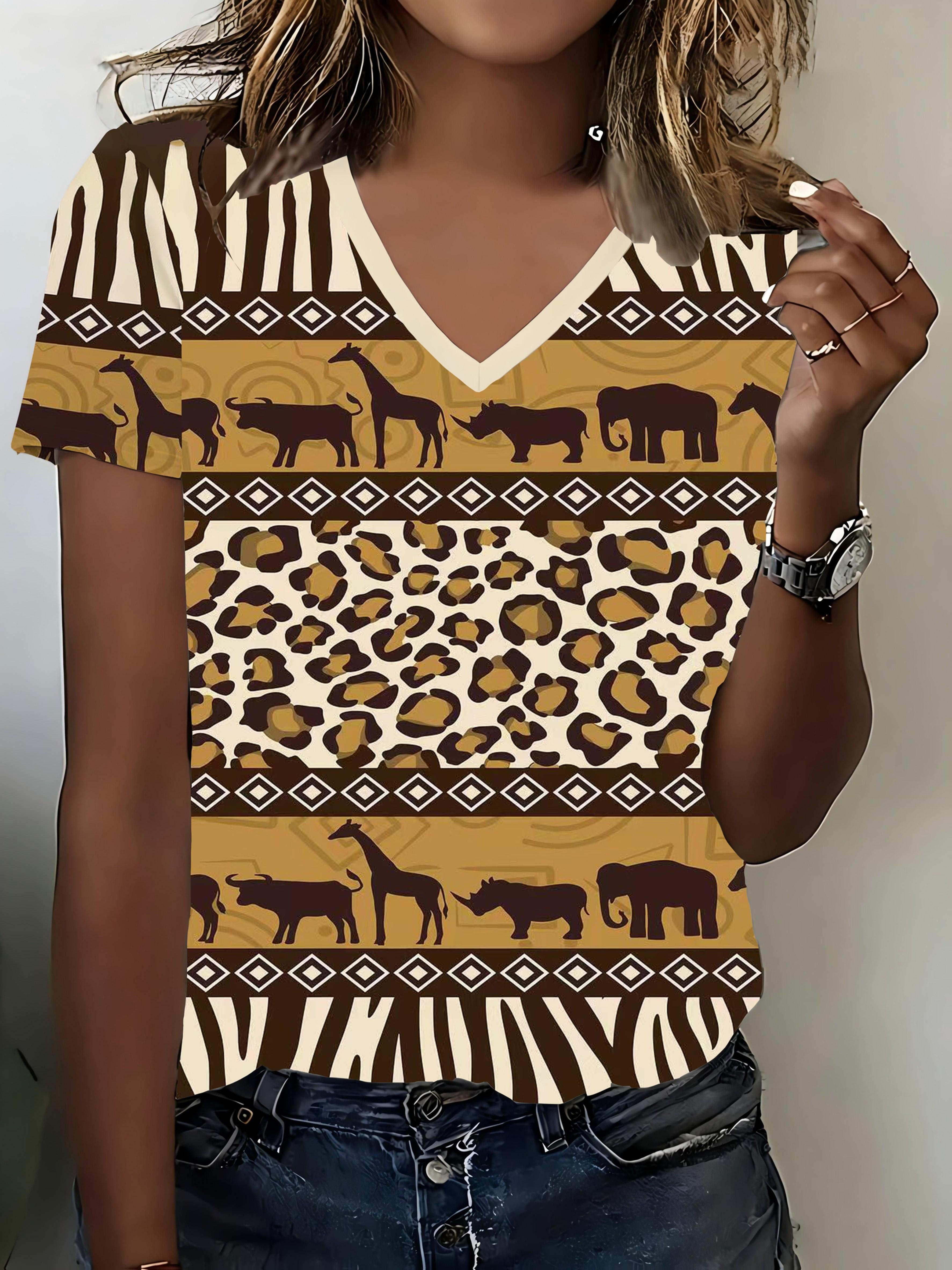 Retro Ethnic V-neck Tee, Mixed Wildlife & Geometric Prints S