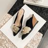 Fashion FHC New Camellia Flower Wedges Mules,Slides,Autumn High Heels Shoes,Close Pointed Toe Flock Slippers,34-40,Black,Dropship