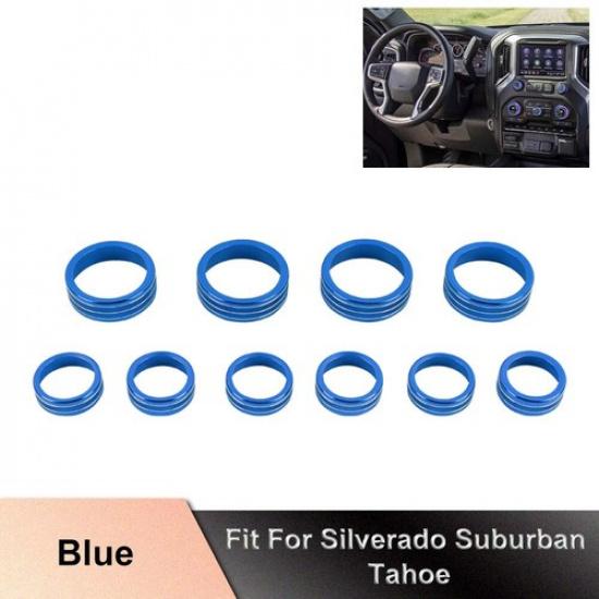 Blue For Chevy Silverado Tahoe + Console Radio Switch Button Knob Rings Trim