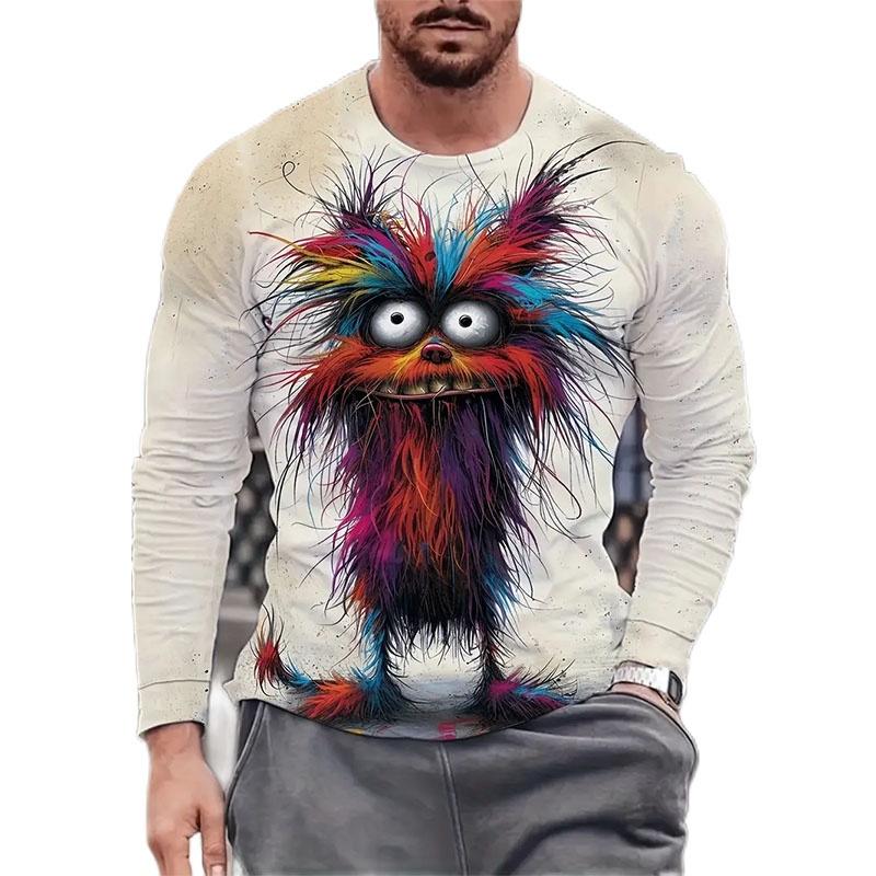 Spring and Autumn Round Neck Cute Animal Pattern 3D Printed Top Fashionable Casual Long Sleeved Men's T-shirts