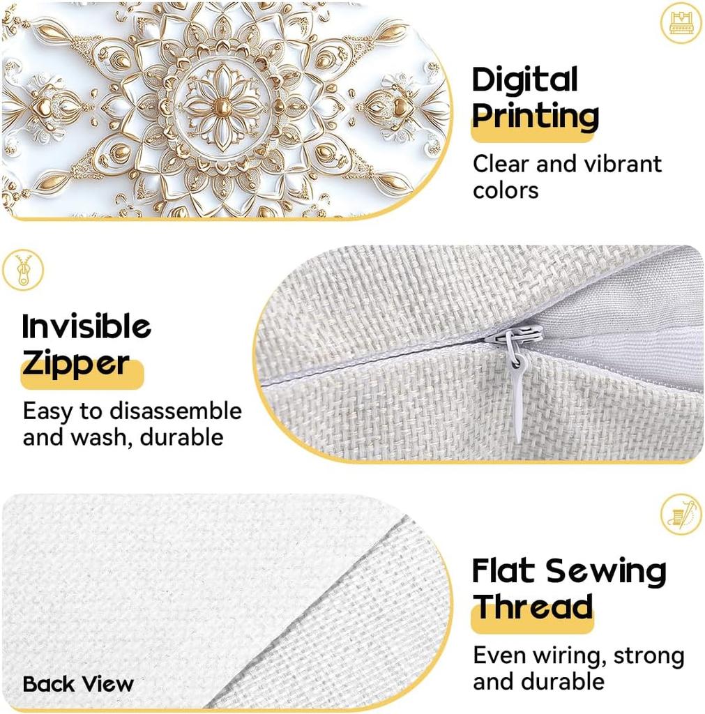 Set 4 Huse Pernă Decorativă Mandala Alb Crem Auriu Huse Elegante Luxe pentru Canapea Living Dormitor Decor Acasă