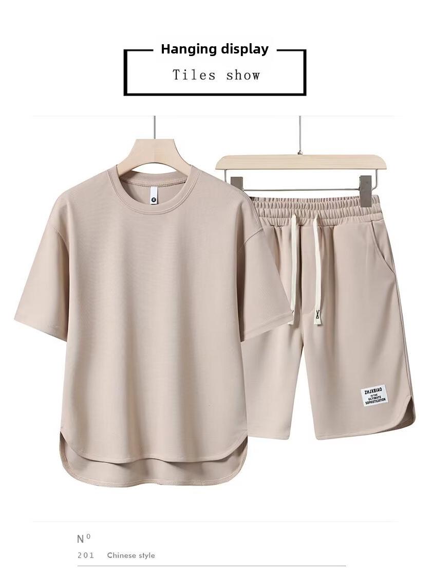 

2024 Японский тренд однотонные мужские свободные футболки с коротким рукавом комплект