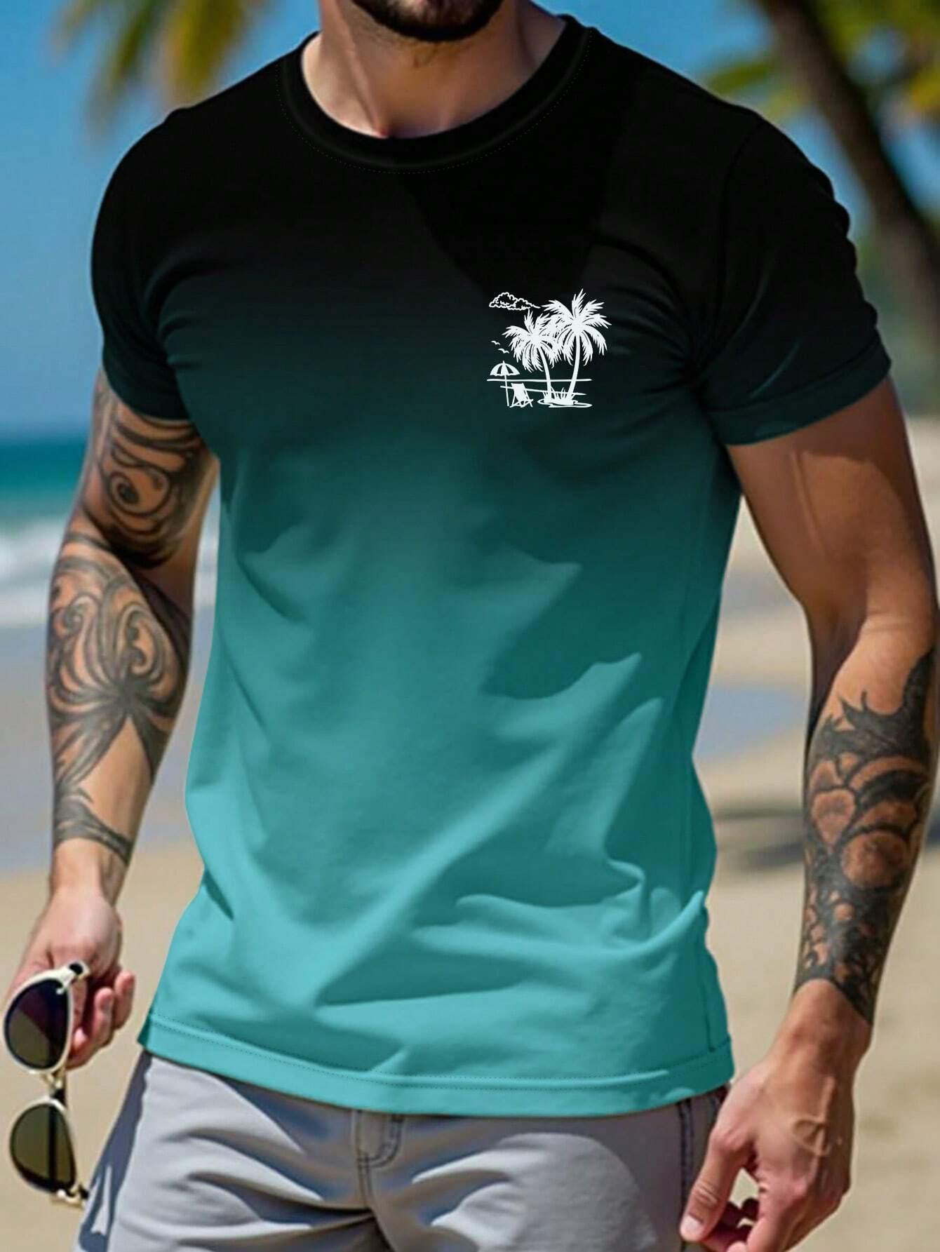 

Мужская футболка с градиентным 3D-принтом, короткий рукав, повседневная футболка с принтом гавайской пальмы, модная повседневная одежда из полиэстера для мужчин 5XL