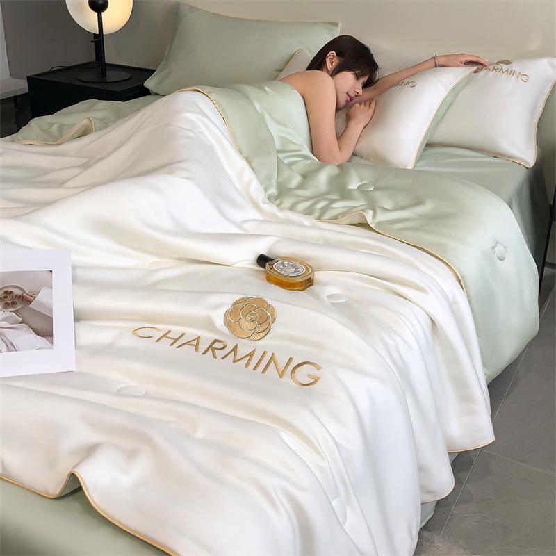 A-Class Water Washable Ice Silk Summer Cool Quilt Set, Summer Air Conditioning Embroidered Quilt, Heavenly Silk Summer Blanket