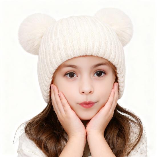 Yousheng Kids Knitted Hat Dual Fur Ball Decor Ear Protection Warm Hat Solid Color Elastic Warm Windproof Hat Headwear