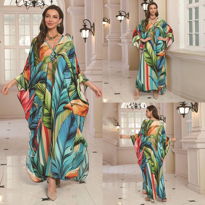 2025 European & American Cotton Print Beach Dress: Women's Loose Long Robe Cover-up with Sun Protection