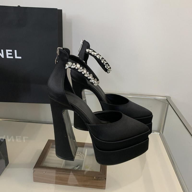 

2025 Новая Мода Показ Моды Женские Одинарные Туфли Модные Туфли-Лодочки Летняя Водная Платформа Толстый Каблук Острый Носок Атласные Туфли на Высоком Каблуке 38