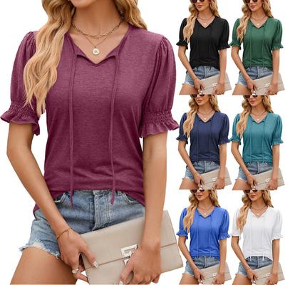 T-shirt Curta de Manga Curta Smocked Solta com Decote em V, Cadarço e Punhos em Renda, Cor Sólida, Nova para Primavera Verão, Comércio Exterior Transfronteiriço para Amazon Europa América