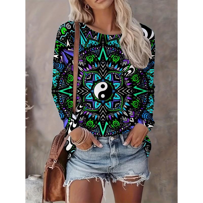 Womens Casual Abstract Print Long Sleeve Crew Neck T-Shirt 3D Effect 2025 Comfort Fit